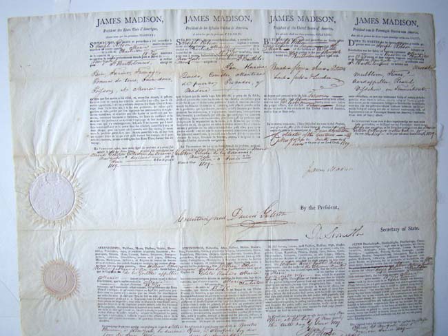 A Four Language Mediteranean Ship's Passport signed by President James Madison on June 10, 1809